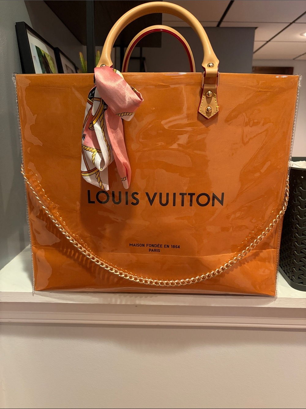 Louis Vuitton Orange Clear Tote with Gold Chain and Pink Scarf Accent - Picture 2 of 13